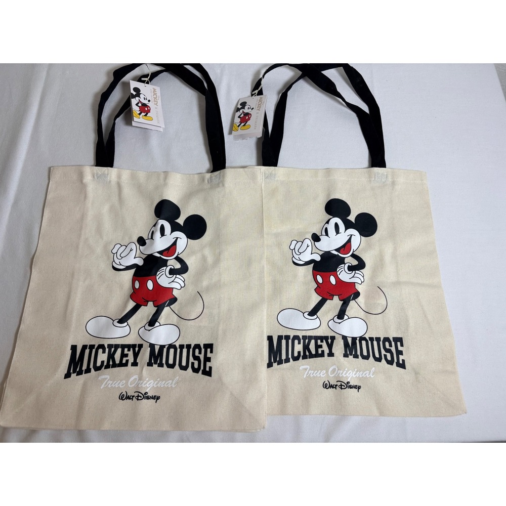 Two Disney Mickey Mouse Tote Bags Cream NEW Canvas Graphic Print Shopper Primark
